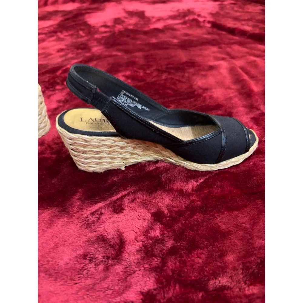 Lauren Ralph Lauren Catrin Black Espadrille Wedge Slingback Sandals Peep Toe 5B